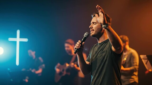 Caucasian man singing with arms raised and holding microphone on stage for a worship night in a religious service