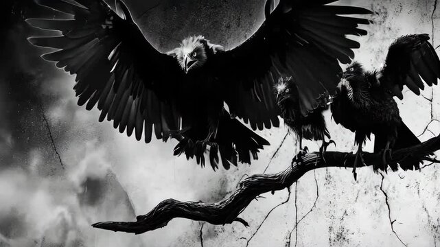 Dramatic Black Vultures Perched on Branch, Spreading Wings in Monochrome