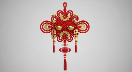 Obraz premium Chinese Red Knot with Gold Ingots and Ancient Coins