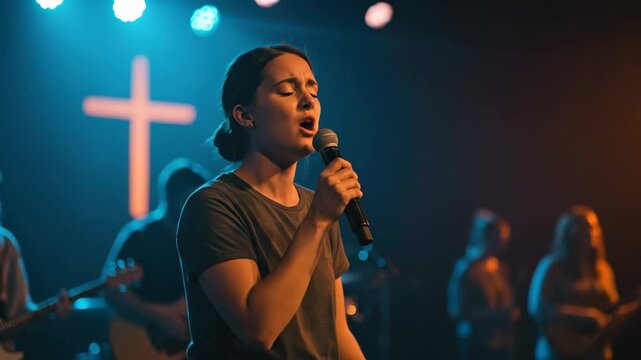 Woman worship leader singing on stage with microphone and musicians, Christian church concert, religious music event.