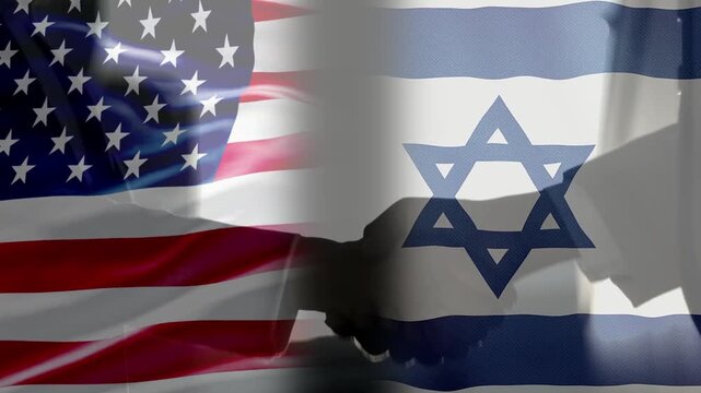 Waving flag of America and  Israel background with two man hand shake.