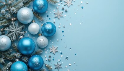 Elegant icy blue Christmas ornaments and snowflakes create a serene winter holiday atmosphere perfect for festive backgrounds or seasonal promotions