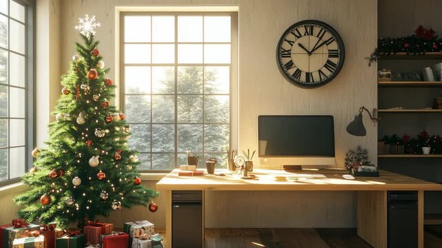 Cozy home office with Christmas tree decorations and gifts by the window creating festive holiday spirit