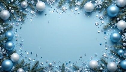 Elegant winter holiday background with festive blue ornaments and pine branches perfect for Christmas greetings and seasonal promotions with space for text