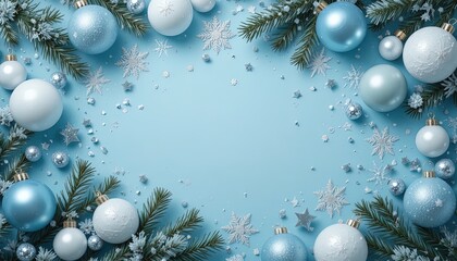 Elegant winter holiday design with sparkling blue and white ornaments, snowflakes, and fir branches creating a magical festive backdrop for celebrations