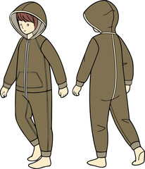snuggle suit kid warm winter clothes. Vector illustration in outline style