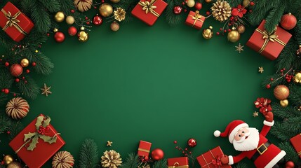 Vibrant Christmas holiday frame with festive pine branches, red gift boxes, golden ornaments, and a cheerful Santa Claus on a rich green background, creating a joyful seasonal border.