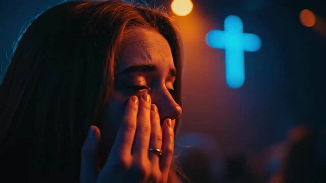 Young woman shedding tears praying with faith during christian church service. Emotional worship in a spiritual light.