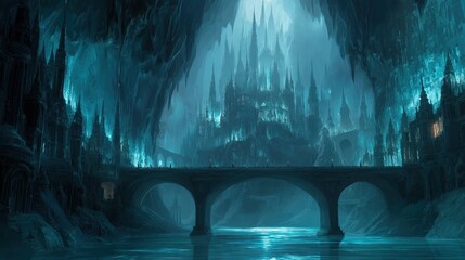 Bridge Across Underground Gothic City at Night