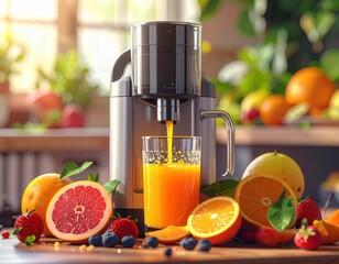 A high-powered juicer extracting fresh fruit juice