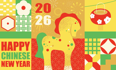 Happy Chinese New Year 2026 Horse Banner with Fireworks and Geometric Oriental Patterns. Year of the Horse Traditional Lunar New Year Symbol. Festive Oriental Celebration Background.