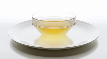 Clear chicken broth in a glass bowl on white background isolated. Generative AI