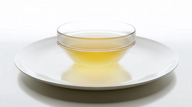 Clear chicken broth in a glass bowl on white background isolated. Generative AI