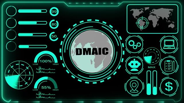 DMAIC Methodology Dashboard Interface DMAIC globe. Business, technology, internet and networking concept .global maps, and complex graphical data.4k video..