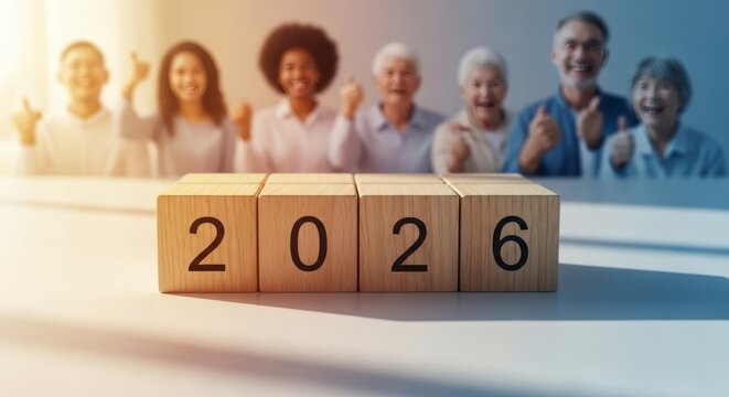 Blocks showing 2026 in front of blurred group of people giving thumbs up