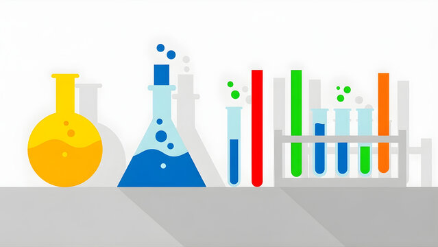 Bright abstract design featuring a colorful collection of artistic laboratory beakers and test tubes, perfect for education and back to school themes