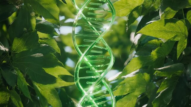 DNA Helix Twisting Amidst Lush Green Leaves: Science and Nature Intertwined