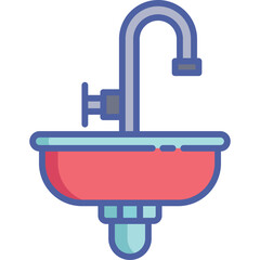 Red Ceramic Sink with Blue Faucet and Chrome Handle Isolated on Transparent Background Kitchen or Bathroom Fixture