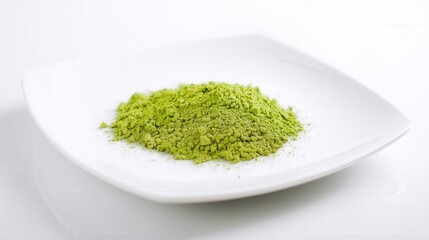 Bright green matcha powder on a white plate isolated. Generative AI