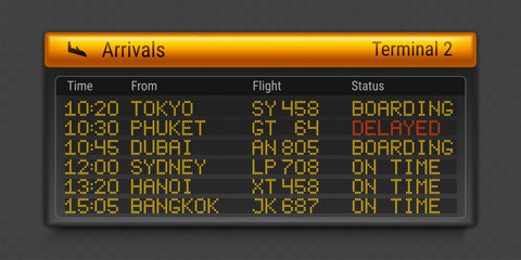 Airport board with flight arrival schedule. Vector realistic LED screen showing plane landing, delay time, destination info, terminal timetable, digital panel with travel information, airline service © klyaksun