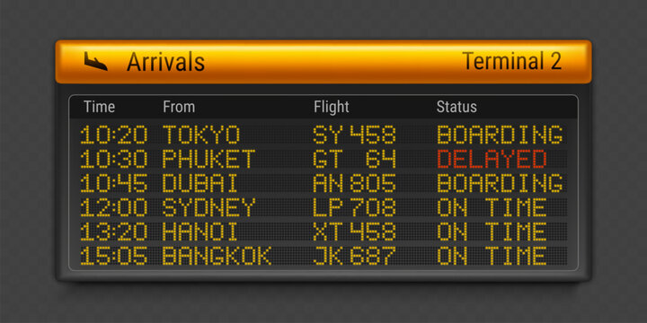 Airport board with flight arrival schedule. Vector realistic LED screen showing plane landing, delay time, destination info, terminal timetable, digital panel with travel information, airline service