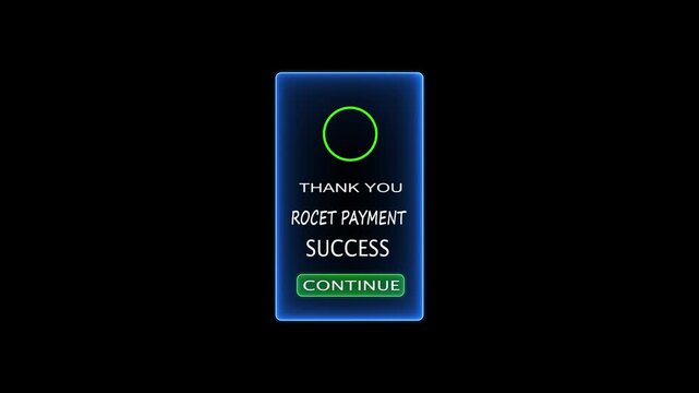 Neon Blue ROCET Payment Success Notification alert. 4K video black background.4k animation