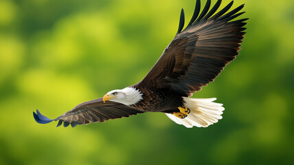 Obraz premium Eagle soaring in sky with wings spread, sharp focus, blurred green background