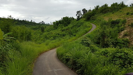 Winding road through lush green hills under a cloudy sky, natural landscape scene in the daytime