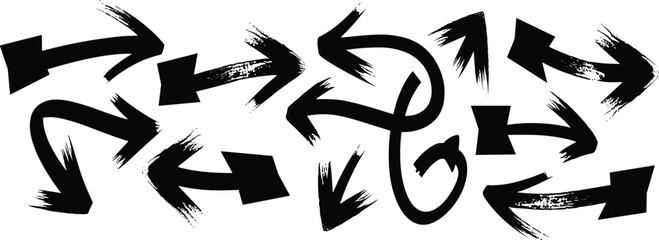 Brushstroke arrow icon set, artistic directional symbols, black silhouette graphic, dynamic movement design elements, scattered layout illustration