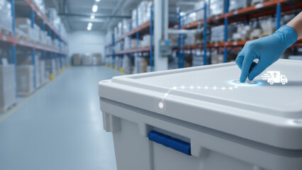 Cold chain logistics warehouse logistic temperature control sensor activated by gloved hand ensuring safe refrigerated transport with efficient