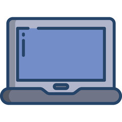 Simple blue laptop computer with a gray base and a blue screen displaying a plain blue interface against a transparent background.