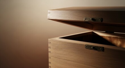 Open wooden box with metal fittings softly lit against a plain background