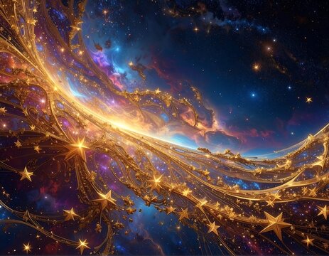 Whimsical cosmic abstract with glowing stars and colorful nebulae - Powered by Adobe
