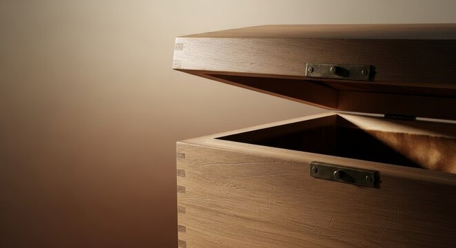 Open wooden box with metal fittings softly lit against a plain background