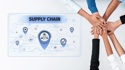 A vibrant illustration showing diverse hands joining in collaboration, symbolizing teamwork in supply chain management, enhanced with technology and innovation graphics. Raster - Powered by Adobe