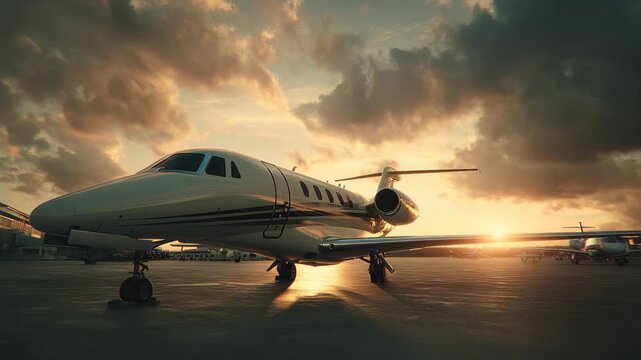 Private jet parked at airport during sunset with colorful sky and clouds providing a scenic backdrop