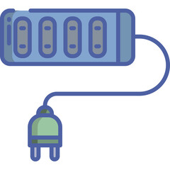 Power Strip with Four Outlets and Plug Connected Electrical Cord Blue and Green Colors Simple Line Art Illustration Clean Design for Easy Energy Distribution