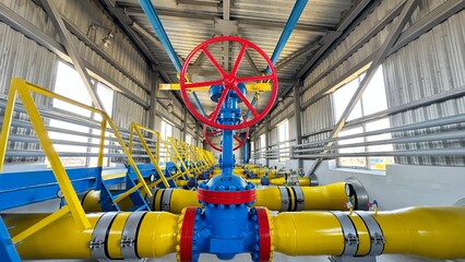 The photo shows yellow and blue gas pipes with a large red valve that shuts off the gas flow. Gas is being supplied to the pipes.