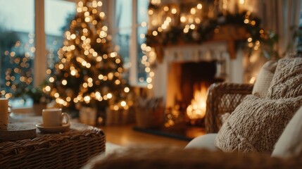Warm and inviting living room decorated for Christmas with a fireplace.
