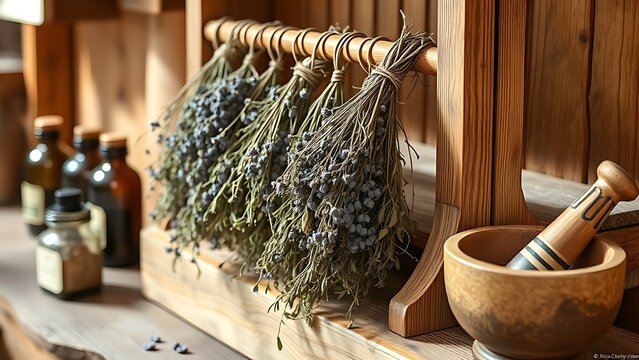 valerian. Dried valerian herb bundles on rustic wooden rack with apothecary bottles nearby. menu design, packaging mockups, designed for culinary blogs and recipe cards for restaurants.