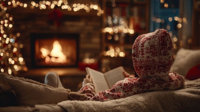 Cozy Person in Christmas Pajamas Reading Book by Fireplace.