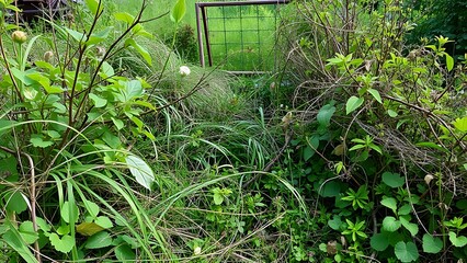 unruly. An overgrown garden with tangled plants and weeds under soft, natural daylight. gardening catalogs, home-decor guides, designed for home decor and floral branding, used by content marketers.