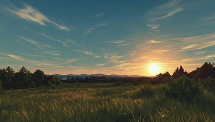 Obraz premium Golden sunset over grass field, treeline, distant mountains