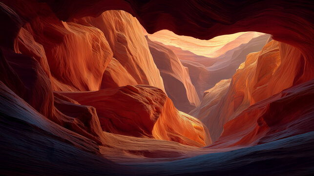AI-generated image - A dramatic canyon illuminated by warm sunlight, showcasing layered red and orange rock formations with smooth, winding textures.
