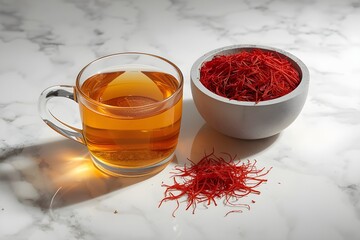 A saffron tea and a ceramic bowl filled with saffron threads.