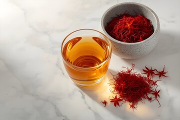 A saffron tea and a ceramic bowl filled with saffron threads.