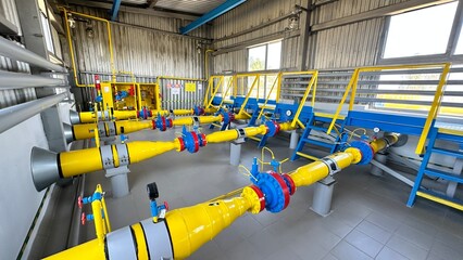 The photo shows yellow and blue gas pipes located in a large hangar. The pipes are made of light-colored metal and are suitable for gas production.