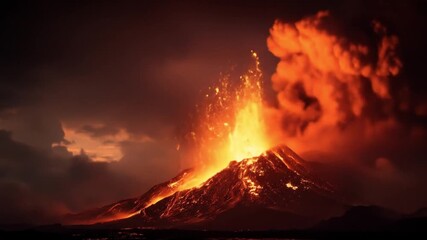 Volcano erupts at dusk, lava floods the slopes, fiery plume lights dark clouds with ash by lava glow