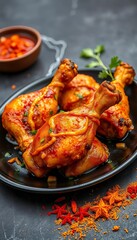 Naklejka premium Indian honey mustard baked chicken wings and legs, richly spiced and served in a restaurant setting with aromatic Indian spices on a dark plate, delicious meal, culinary presentation
