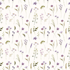 mini purple wildflower watercolor seamless pattern